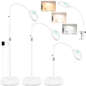 12X Magnifying Glass with Light and Stand, 3-Color Stepless Dimmable LED Magnifying Floor Lamp, 24" Gooseneck Adjustable Swing Arm Lighted Magnifier Lamp with Clamp for Craft Esthetican-White (10X only)