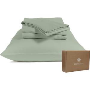 BIOWEAVES 100% Organic Cotton Sheets, 300 Thread Count 4-Piece GOTS Certified Bed Sheet Set Fits Mattress Upto 17" Deep Pocket, Soft & Silky Sateen Weave (Queen, Basil)