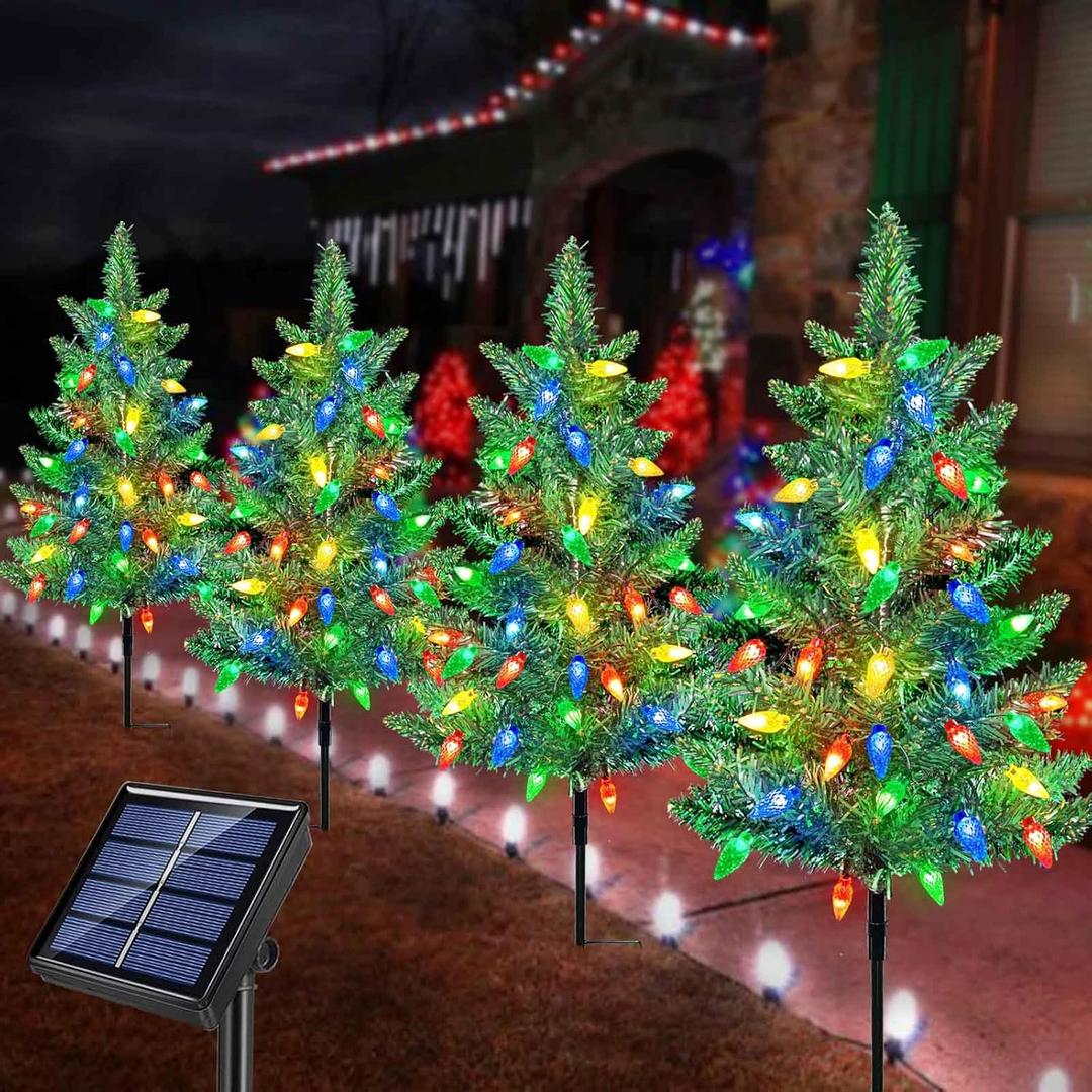 Upgraded 4-Pack Solar Christmas Garden Stake Lights, Decorative Xmas Tree Solar Christmas Yard Stake Outdoor Waterproof Pathway Lights for Garden Patio Yard Decorations