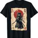 Vintage Japanese Art Anime Graphic Samurai cat Warrior T-Shirt, M