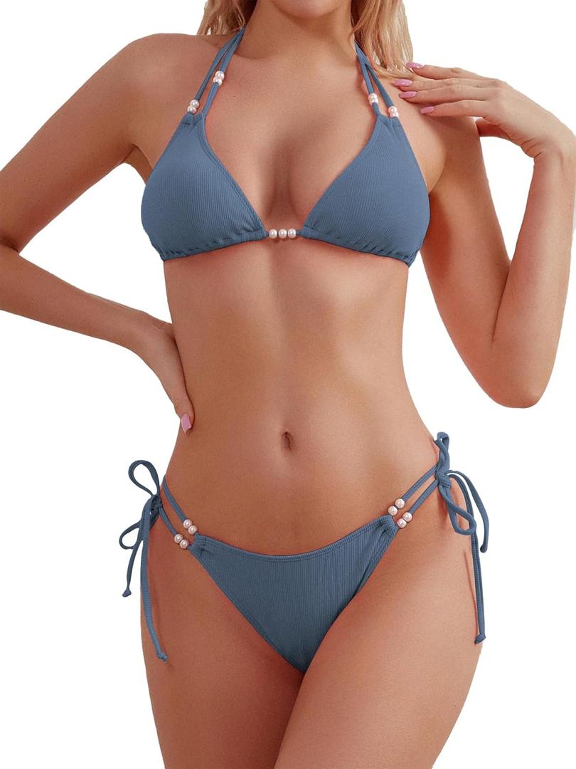 TASHEHE Women's Triangle String Bikini Set Sexy Tie Side Two Piece Swimsuit Cute Halter Bathing Suit - Blue Nova - Medium