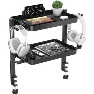 KDD Clamp On Desk Organizer - Adjustable 2-Tier Above or Under Desk Shelves with Large Capacity Tray, Phone & Tablet Holder, Headphone Hook - No Drilling Desktop Storage for Office & Home Accessories