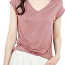 Womens Modal Tops Cap Sleeve V Neck T Shirt Ruched Slim Fit Basic Tees Lightweight Casual Summer Sleep Lounge Shirt, Size L