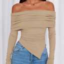 PRETTYGARDEN Women's Off The Shoulder Tops Spring Fashion 2026 Long Sleeve Shirts Going Out Slim Fitted Blouses Fall Clothes (Beige, XS)