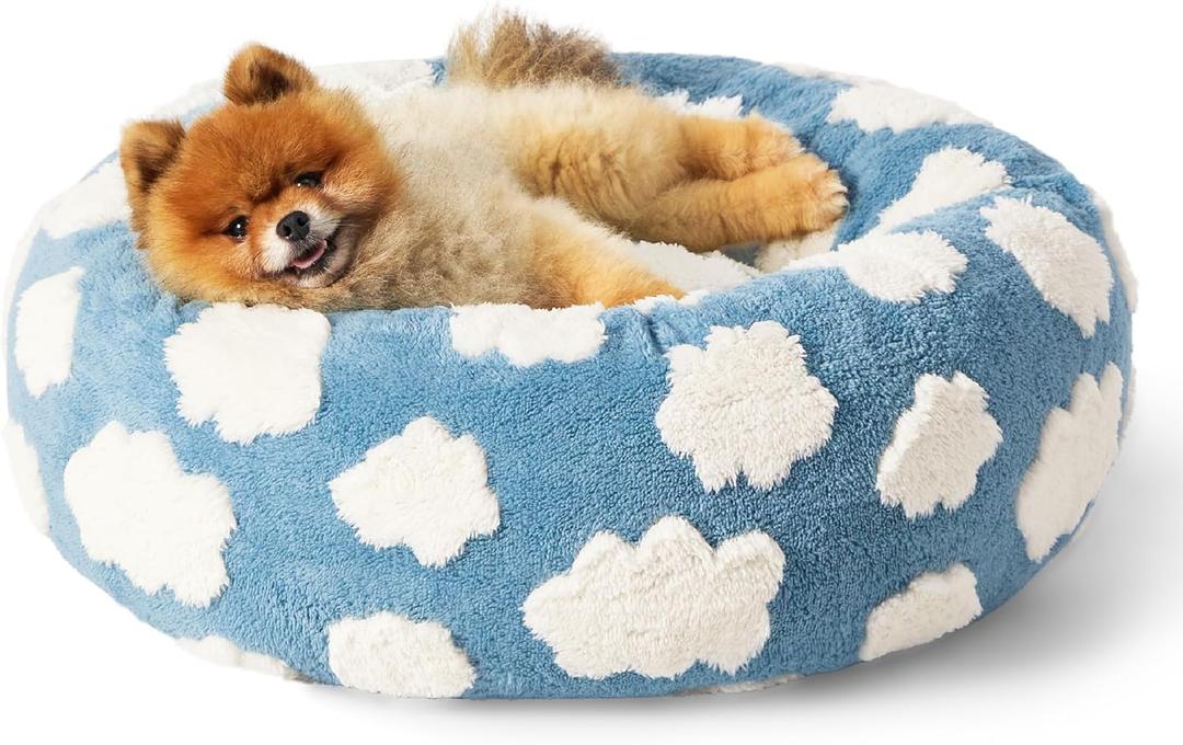 Lesure Donut Small Dog Bed - Round Cat Beds for Indoor Cats Calming Pet Beds, Cute Modern Beds with Jacquard Shaggy Plush & Anti Slip Bottom, 23 Inch, Blue (S (23x23x8), Cozy Clouds Blue)