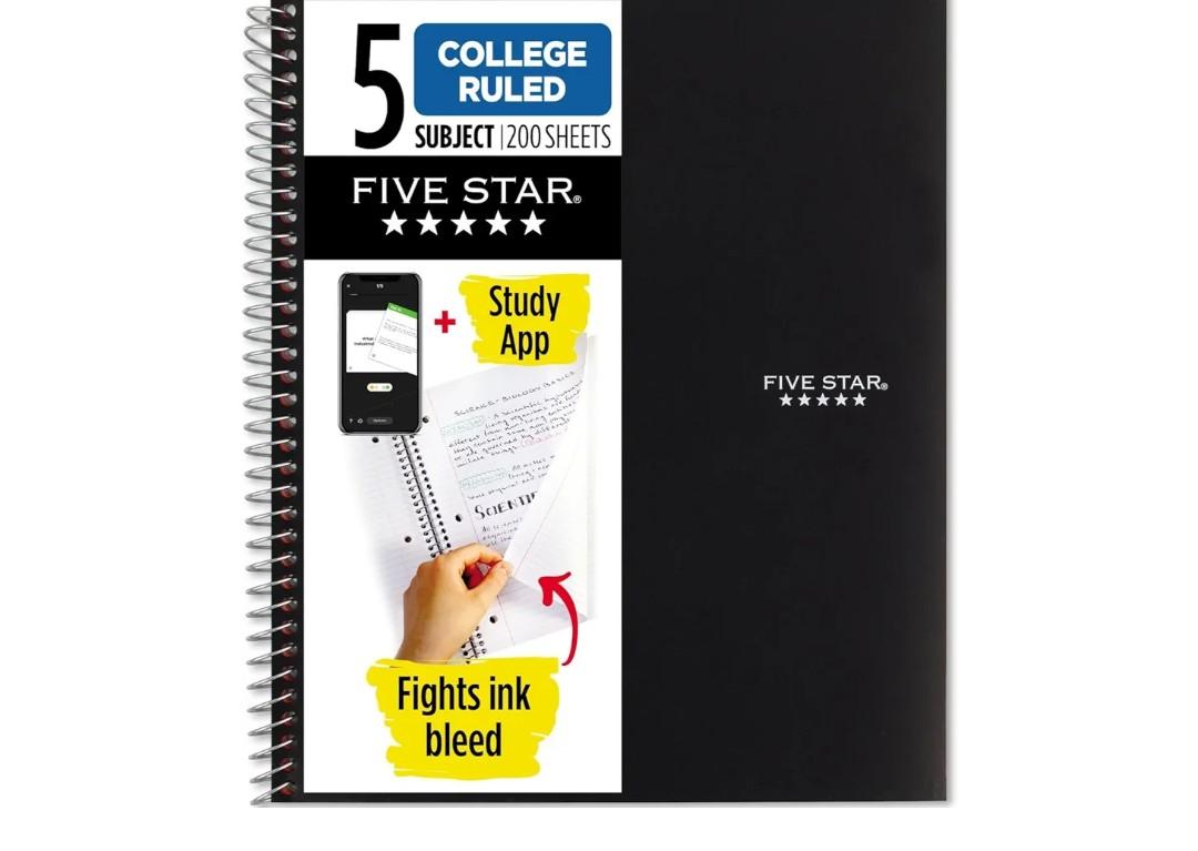 Five Star Spiral Notebook + Study App, 5 Subject, College Ruled Paper, 8-1/2" x 11", 200 Sheets, Fights Ink Bleed, Water Resistant Cover, Black (72081)