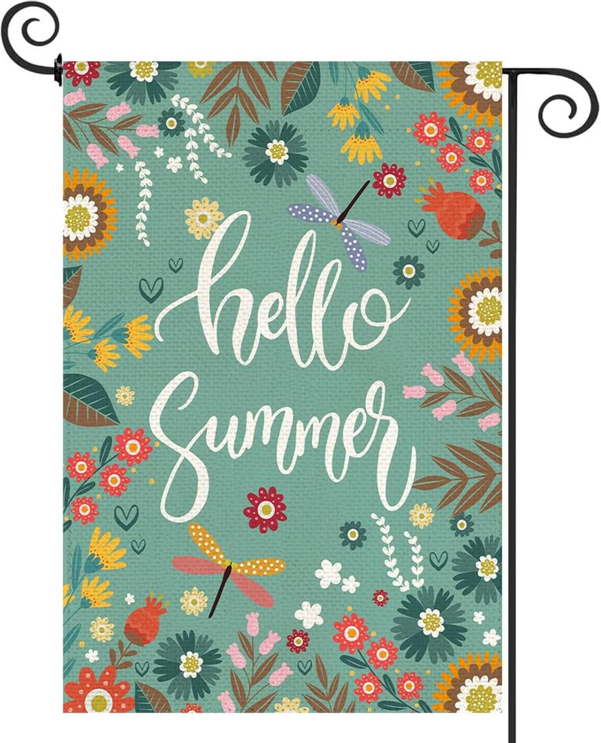 Baccessor Hello Summer Floral Garden Flag Spring Boho Flower Plants Outside Double Sided Burlap Yard Flag Outdoor Seasonal Blue Flags Home Patio Decoration 12.5x18 Inch