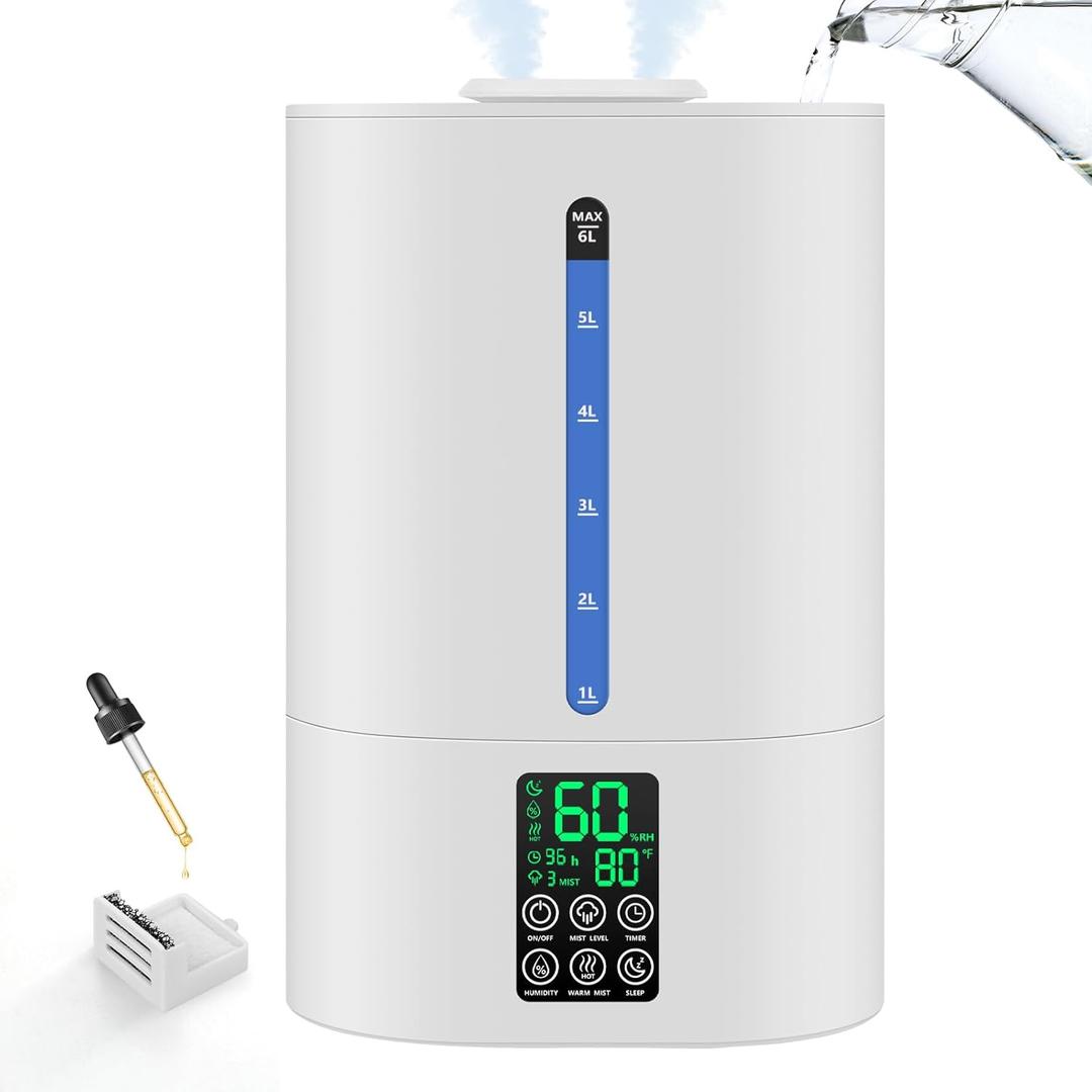6L Humidifiers for Bedroom Large Room Home, Cool and Warm Humidifier for Baby and Plants Mist Top Fill Desk Humidifiers Essential Oil Diffuser, Quiet with Adjustable Mist,360Nozzle-White