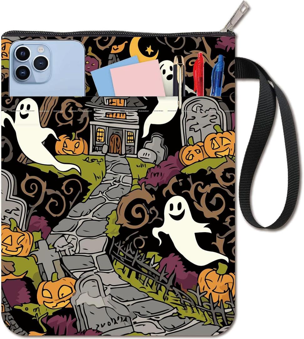 CRASPIRE Ghost Book Sleeve Pumpkin Book Protector Halloween Book Covers for Paperbacks Washable Fabric Cloth Book Cover with Zipper and Extra Sleeve Pocket for Book Lovers Classmate Friend Gifts