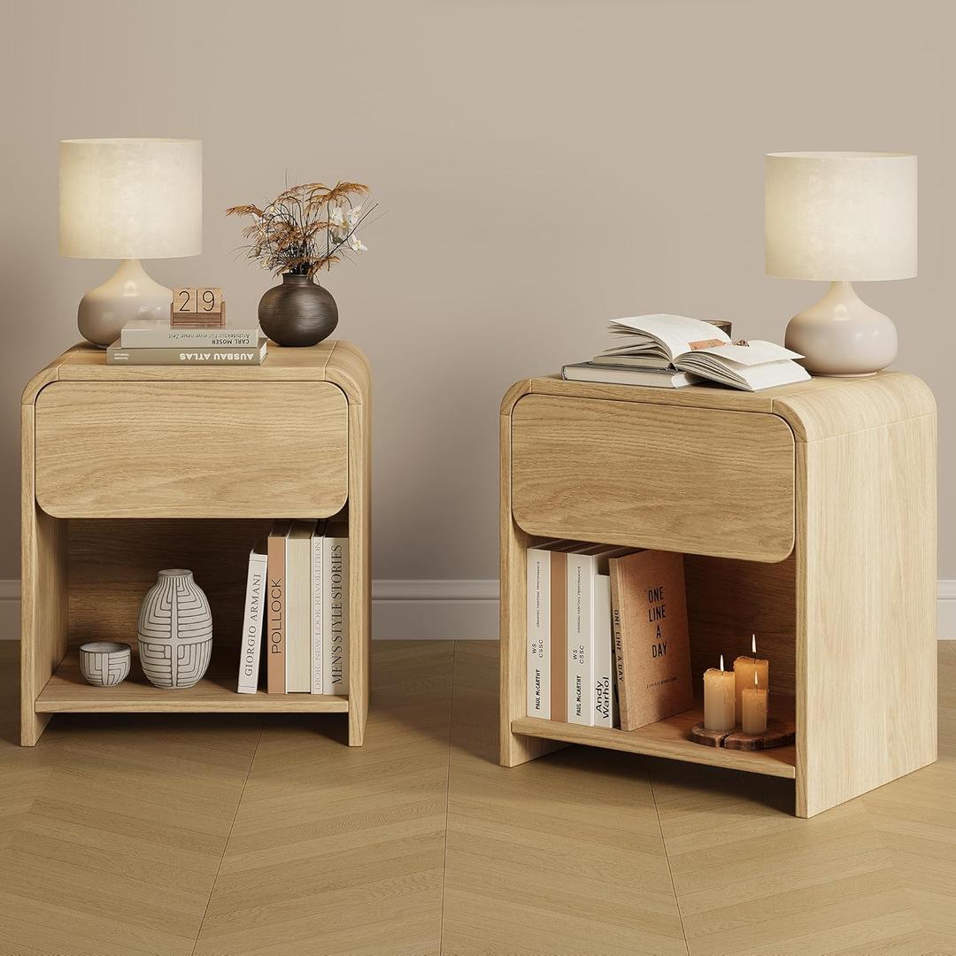 Modern Curved Nightstands Set of 2 with Open Shelf,Natural Oak, 17.7" W x 13.5" L x 19.7" H