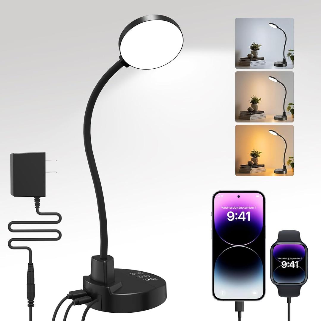 15W LED Desk Lamp with USB Charging Ports Dimmable Table Lamp with 3 Color Temps, 5 Brightness, 4 Timers, Flexible Gooseneck Light with Base, Eye-Caring Reading Light for Home Office, Bedroom, Study Black