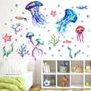 Ocean Jellyfish Wall Decal, Under The Sea Fish Jellyfish Wall Stickers, Vivid Seaweed Starfish Bubble Vinyl Decor, Removable DIY Art Wall Decors Mural for Kids Bedroom, Baby Nursery, Bathroom