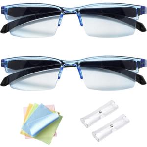 2 Pcs Auto Focus Glasses, Self Adjusting Vision Glass Anti-Blue Automatic Smart Zoom Reading Presbyopia Intelligent Dual Focus As Seen On Tv With Case And Glasses Cloth For Men Women (Blue)