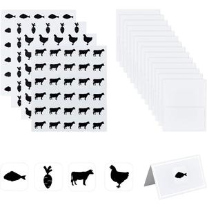 OLYCRAFT 240Pcs 4 Styles Black Meal Stickers 1 Inch with 60Pcs Table Place Card Food Choice Sticker Set Cow/Chicken/Fish/Carrot Wedding Meal Sticker with Blank Table Cards for Wedding Party Supplies
