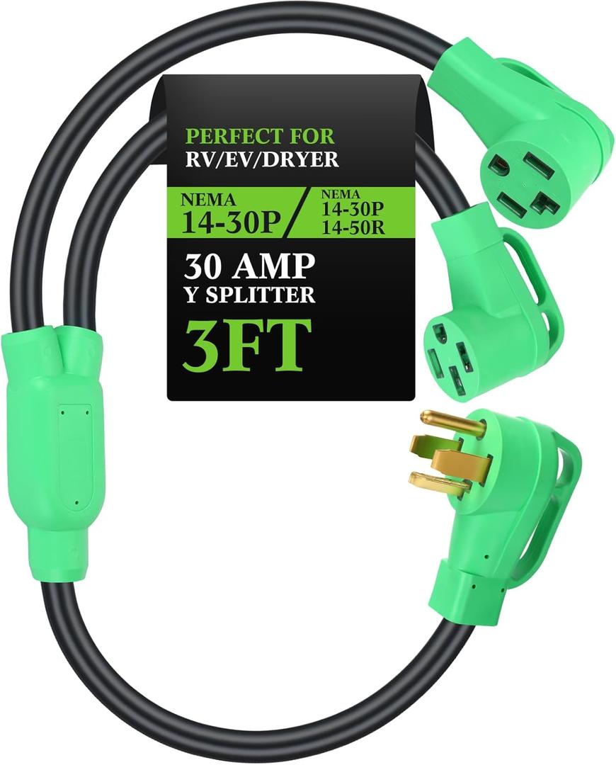 Kanayu 30 Amp Dryer Y Splitter to RV/EV NEma 14-30P to 14-50R/14-30R Adapter 4 Prong 30 to 50 Amp Y Adapter Cable for EV RV Charging at Dryer Outlet, 250 Volt, 10 AWG 4 Conductors, 3 ft(Green)