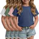 4 Pack Toddler Girls Short Sleeve Tops | Rolled Cuffs, Crew Neck, Baby Clothes, Summer T-Shirts, Casual, Cute Basic Tops