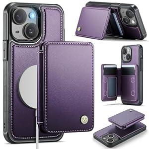 Compatible with Magsafe for iPhone 14 Wallet Case Magnetic Card Holder, RFID Blocking 2 in 1 Detachable Kickstand Shockproof Case for Women Men, Purple