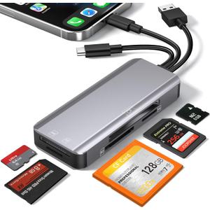 5-in-1 Multi Memory Card Reader,Aluminum SD/TF/CF/MS/M2/Cfast/Memory Stick Pro Duo/Micro SD Card Reader Adapter for i-Phone/i-Pad USB C and USB A Devices,No Application Required Plug and Play