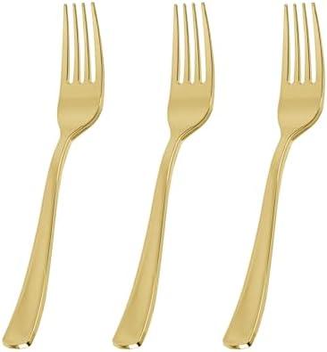 N9R 200 Pcs Gold Plastic Forks, Solid, Durable and Heavy Duty Plastic Forks, Perfect Utensils for Parties, Weddings and other Formal Events
