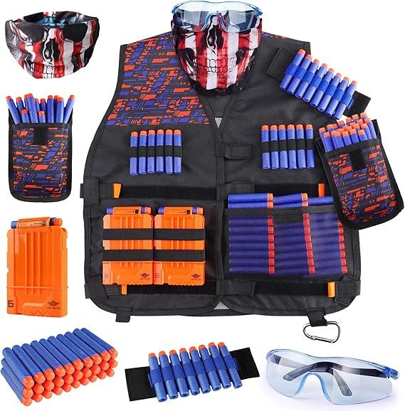 UWANTME Kids Tactical Vest Kit for Nerf Guns Elite Series with Refill Darts,Tactical Mask Wrist Band,Protective Glasses,Toys for 7 8 9 10 12 Year Old, Orange