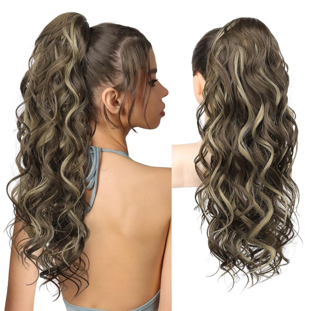 REECHO Ponytail Extension, 24" Claw Clip Ponytail Extension Wavy Ponytails Hair Extensions Jaw Clip on Pony Tails Natural Synthetic Hairpiece for Women Daily, Medium Brown Ash Blonde