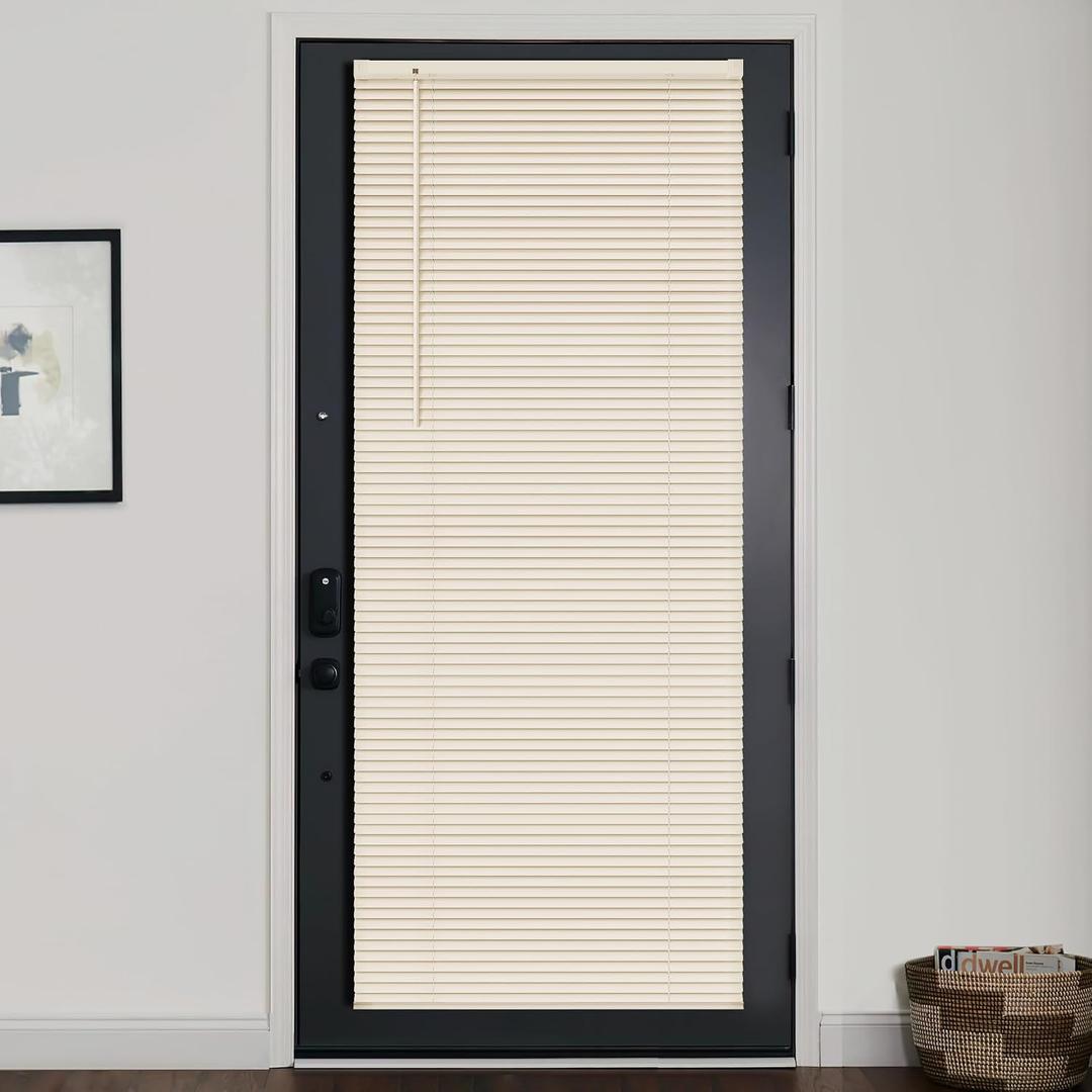 LazBlinds 1" Vinyl Mini Blinds for Doors, Cordless French Door Blinds for Privacy, Light Filtering Privacy Horizontal Shades for Front Door Patio Sidelight Glass Door, 34" W x 72" H, Beige