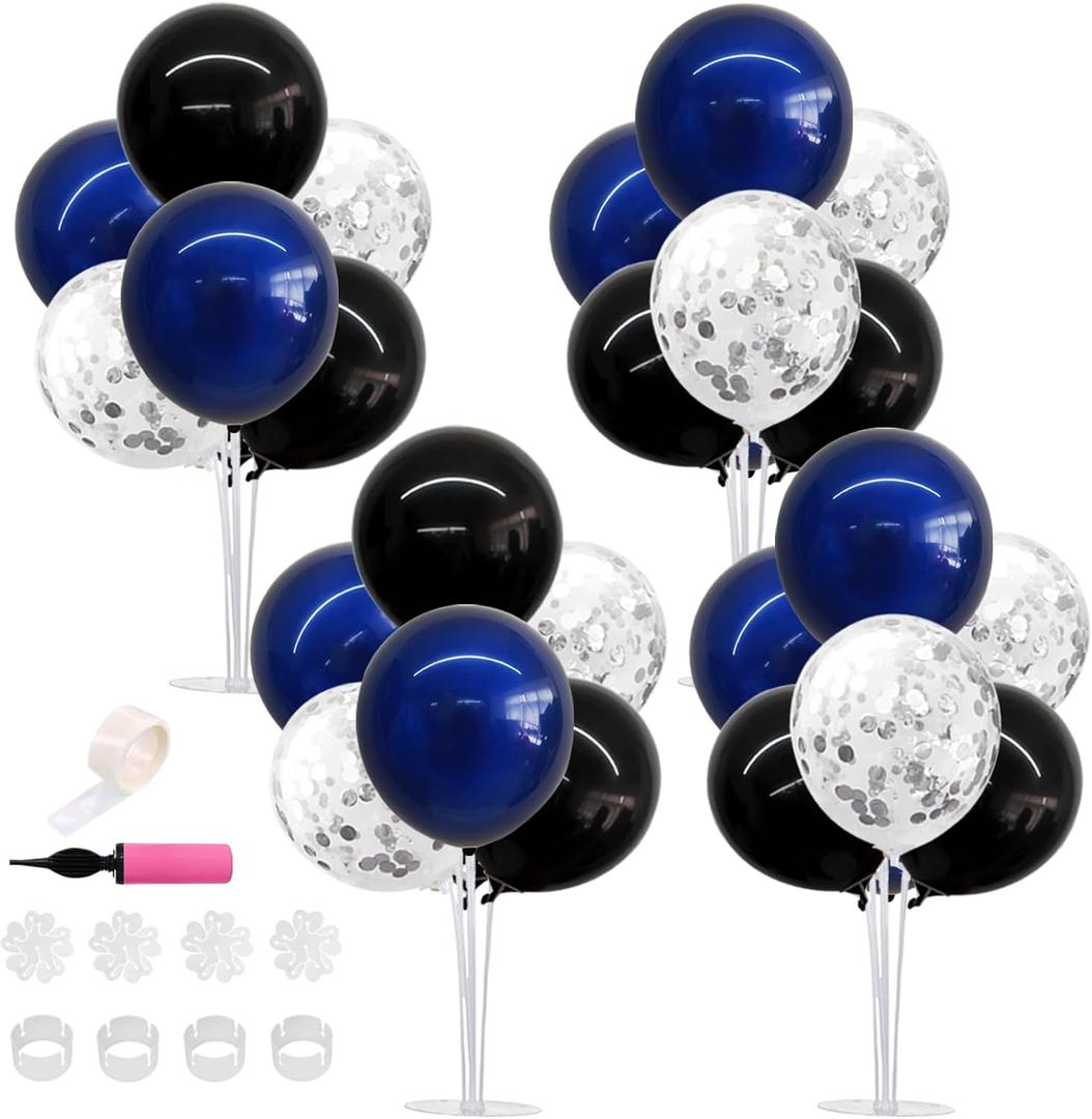 TONIFUL 4 Set Black Blue Silver Confetti Balloon Centerpieces for Table,Balloon Stand Kit for Graduation Decorations 2026 Blue Party Decorations,Retirement,Anniversary,Birthday Decoration for men, 12 Inches