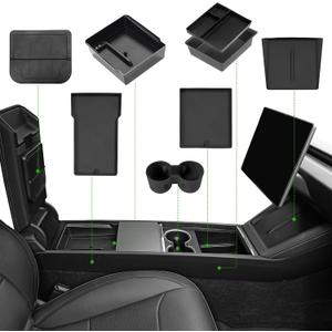 9PCS Center Console Organizer Tray for 2024 2025 2026 Tesla Model 3 Accessories, Armrest Hidden Storage Box Cup Holder Charger Pad for Tesla Model 3 Highland