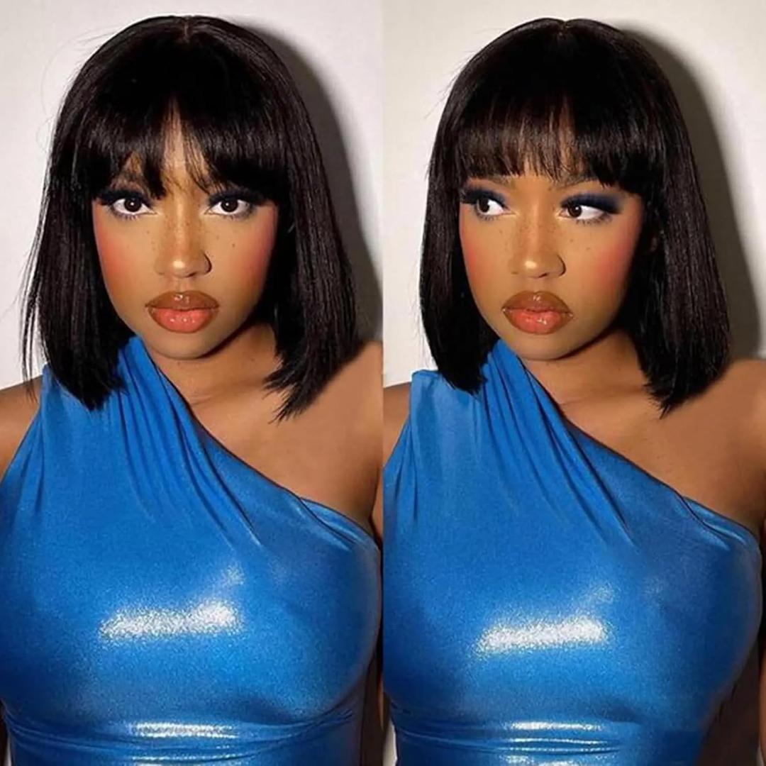 Bob Wig Human Hair With Bangs Glueless 2x4 HD Lace Colsure Wigs, Ready to Go Short Wigs For Women Beginner Friendly (Natural Black, 12 inch)