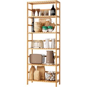 FOTOSOK 6-Tier Bamboo Shelf, Bamboo Bookcase with Adjustable Shelves, Free Standing Storage Shelf Unit, Plant Flower Stand for Kitchen, Bathroom, Home Office, Natural