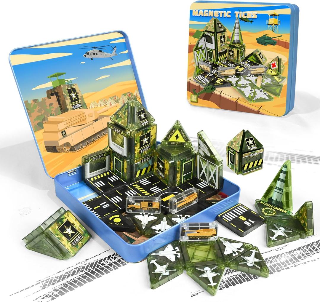 48pcs Mini Magnetic Tiles, Military Engineering Building Blocks Set in Iron Box, Portable STEM Army Travel Toys for Kids, Quiet On-the-Go Activities & Preschool Learning for Toddlers