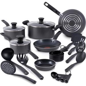 T-fal Initiatives Nonstick Cookware Set 18 Piece, Oven Broiler Safe 350F, Kitchen Cooking Set w/Fry Pans, Saucepans, Stockpots, Skillet, Spoons, Lids Pots and Pans Set, Dishwasher Safe, Stone Grey