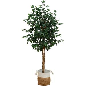 Nearly Natural 6ft. Triple Trunk Ficus Artificial Tree with Natural Trunks in Handmade Natural Jute and Cotton Basket Planter