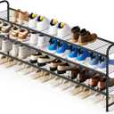 KEETDY 3-Tier Long Shoe Rack for Closet Metal Shoe Organizer for Entryway, Wide Stackable Shoe Storage Shelf with Sturdy Wire Grid for Closet Floor, Bedroom, Black (11.4x43x24.4)
