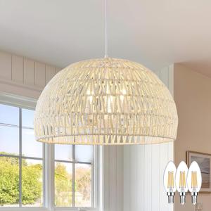 17.6 inch Cream Woven Pendant Light Wicker Pendant Lights 3-light Rattan Light Fixture Boho Chandelier Farmhouse Chandelier Dome Pendant Light for Dining Room Living Room Bedroom(Bulb Incl