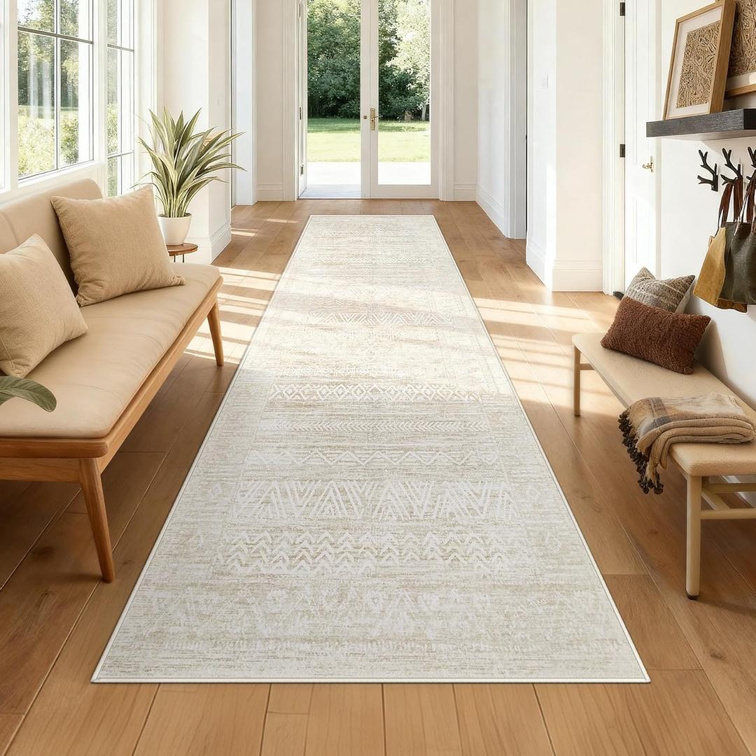 2x8 Washable Runner Rug: Moroccan Geometric Boho Rug Farmhouse Non Slip Stain Resistant Rugs Low Pile Soft Carpet for Porch Kitchen Laundry Room Living Room Bedroom (Ivory Beige,2'x8')