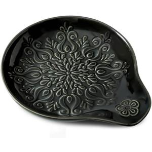Farmhouse Ceramic Spoon Rests Holder for Kitchen Counter Stove Top (Black-A3)