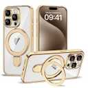 Compatible with iPhone 12 Pro Max Case with Magnetic Ring Stand [Compatible with Mag-Safe] [Full Camera Lens Protector] Soft Plating Clear Phone Case for iPhone 12 Pro Max 6.7", Gold