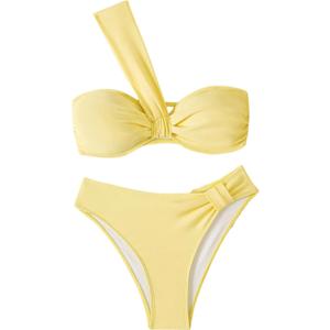 SOLY HUX Women's One Shoulder Twist Front Bikini Set Ruched High Cut Swimsuit Two Piece Bathing Suit (Medium, Plain Yellow)
