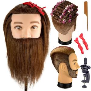 Mannequin Head Human Hair for Hair Styling, Barber Mannequin Head Male with 100% Human Hair and Beard Cosmetology Training Manikin Head for Hair Cutting