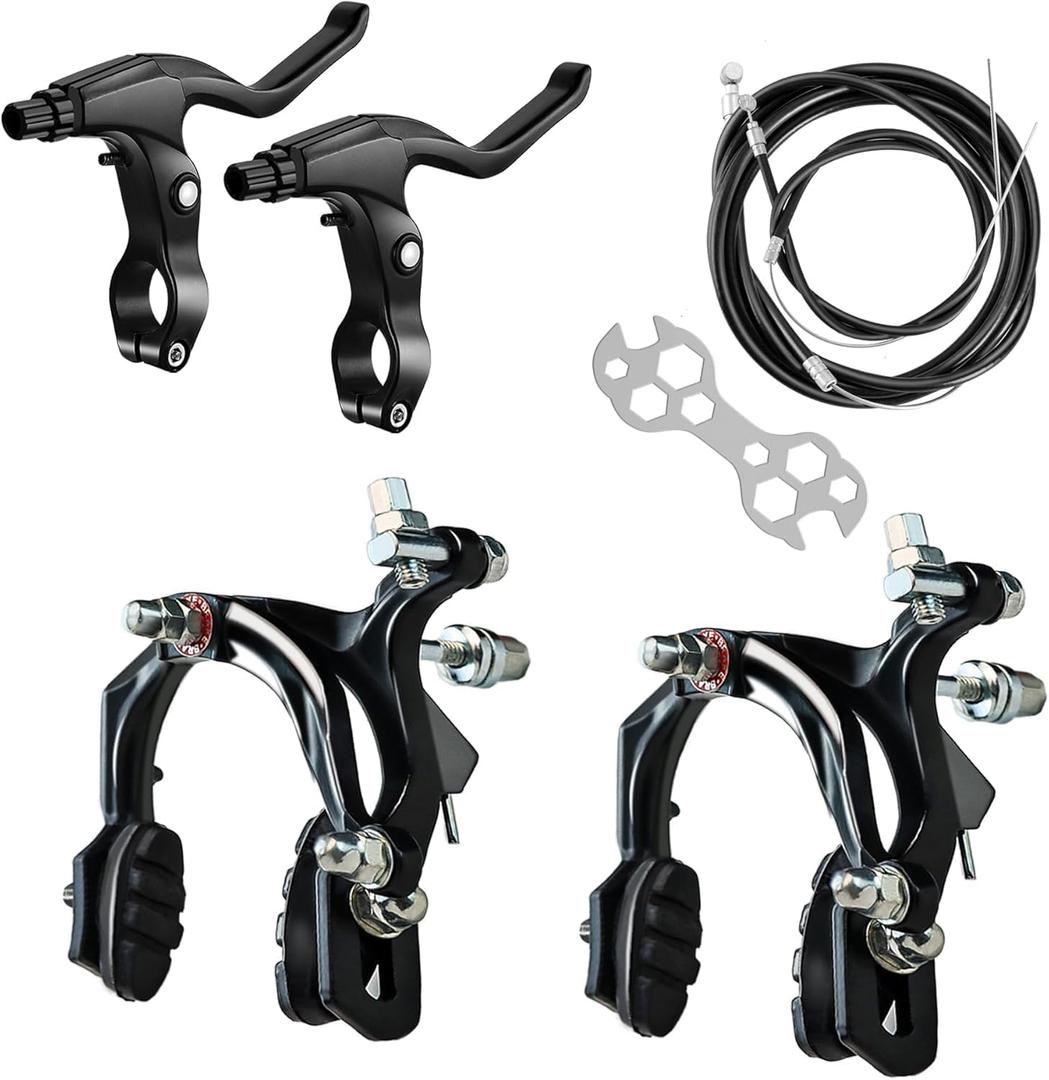 2 Pairs Bike Brakes, Universal Complete V Bike Brakes Set, Mountain Bike Replacement for Most Bicycle,Road Bike Brakes Cables with Front Back Wheels End Caps,End Ferrules -Black