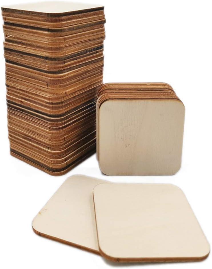 50 Pcs Unfinished Wood Pieces, Natural Blank 4 X 4 Inch Wood Squares, Wooden Square Cutouts Tiles for DIY Crafts Painting, Coasters Engraving, Home Decorations