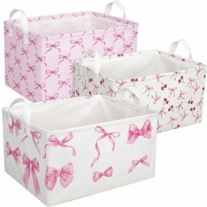 3 Pcs Pink Bow Storage Basket, Coquette Girls Rectangle Storage Bins Box with Handles, Bows and Chery Shelf Basket Ideal for Room Nursery Decor, Books, Organizing Clothes, Toys