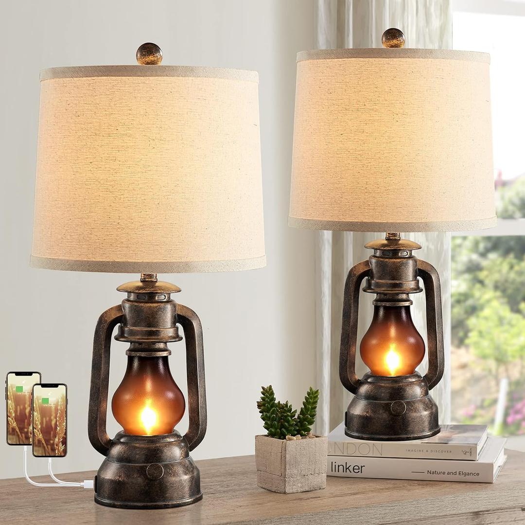 RORIANO Farmhouse Lantern Table Lamps for Living Room Set of 2, Vintage Bedroom Resin Lamp with Dual USB Charging Ports, Rustic Retro Bedside Nightstand Desk Lamp, 4 Bulb Included