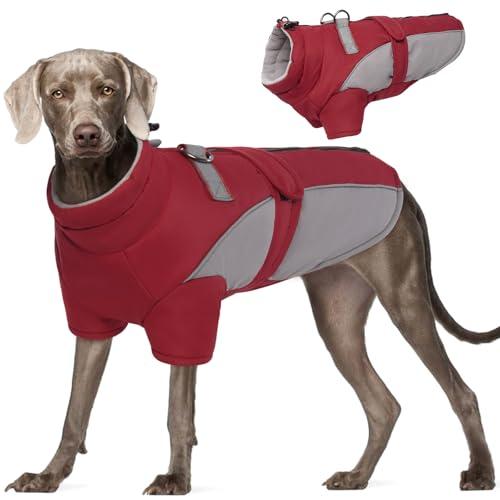 ROZKITCH Dog Winter Coat, Dog Coat for Autumn Winter with Turtleneck, Pet Clothes with Adjustable Waist Strap, Soft Warm Pet Clothing with Reflective Strip for Small Medium Large Dogs Dark Red L