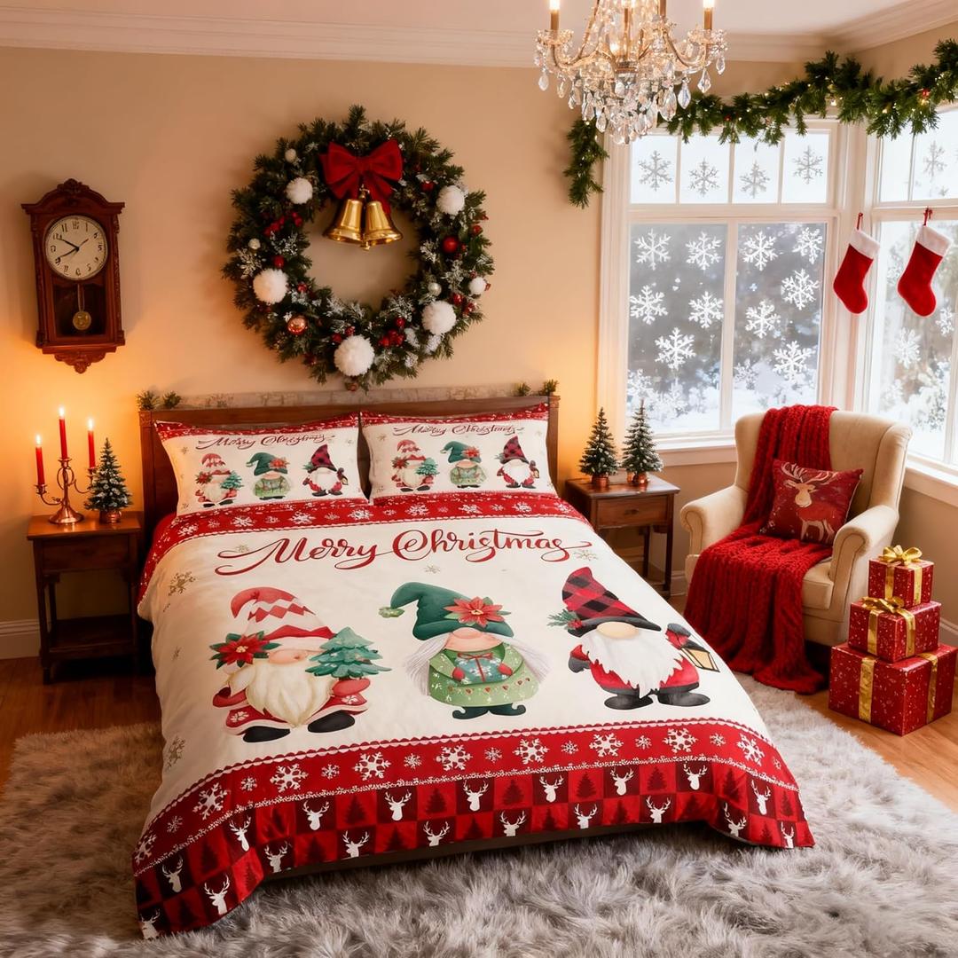 Merry Christmas Kids Duvet Cover Set King Size,Deer Antler Santa Claus Bedding,Girls Boys Adults Home/Xmas Cabin Decor,Snowflake Pine Trees Plaid Comforter Cover,Rustic Quilt Cover,2 Pillowcases (Multi 01)