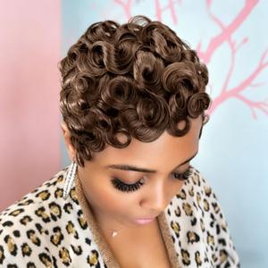 Pixie Cut Curly Wigs for Women, Chocolate Brown 4# Short Layered Human Hair Wigs with Bangs, Glueless Full Machine Made Breathable Lightweight Short Curly Wigs