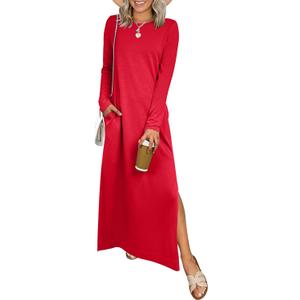 ANRABESS Women Long Sleeve Dresses 2025 Fall Casual Crewneck Loose Fit Split Flowy Wrinkle-Free Travel Vacation Maxi Dress (Red) XL