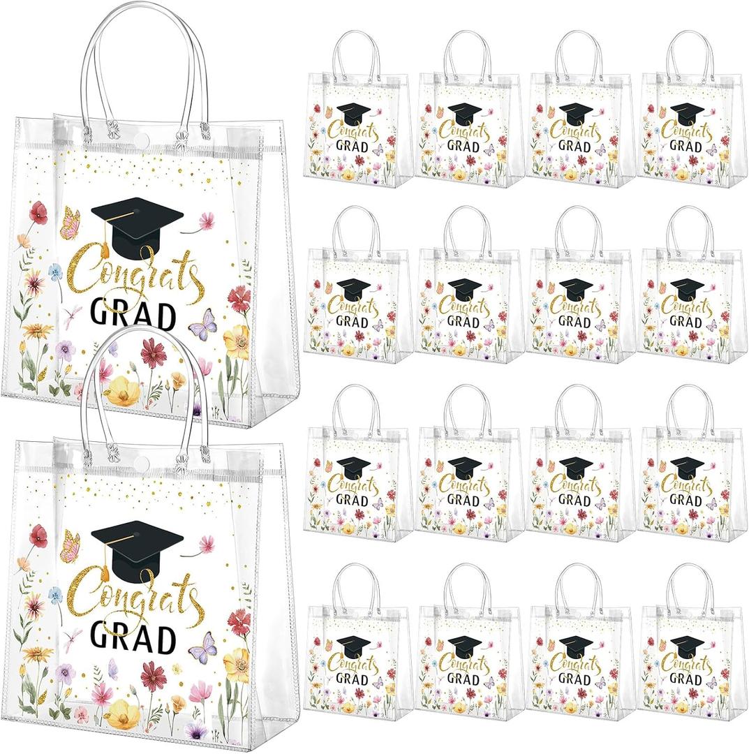 Resholder 24 Pcs Graduation Gift Bags Bulk 2026 Congrats Grad Clear Multicolor Floral Reusable PVC Bags with Handles for High School, College, Graduation Party Favors, 8x8x3.15 Inch