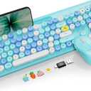 Wireless Keyboard and Mouse Combo, Retro Round Keycaps, Full-Size Cute Typewriter Keyboard with Large Phone/Tablet Holder, Auto-Sleep, 2.4GHz Cordless Connection for Windows/PC/Laptop (Sky Blue)